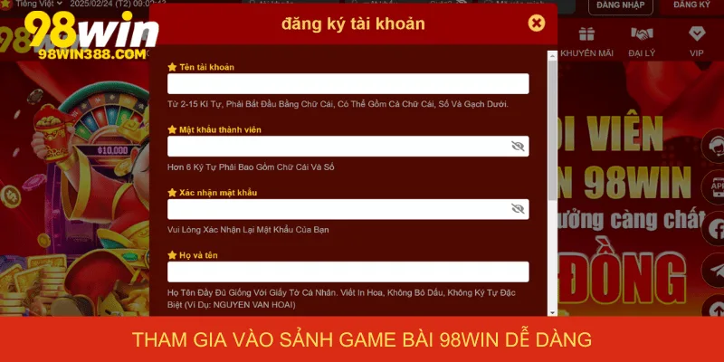 Tham gia vào sảnh game bài 98win cực kỳ dễ dàng