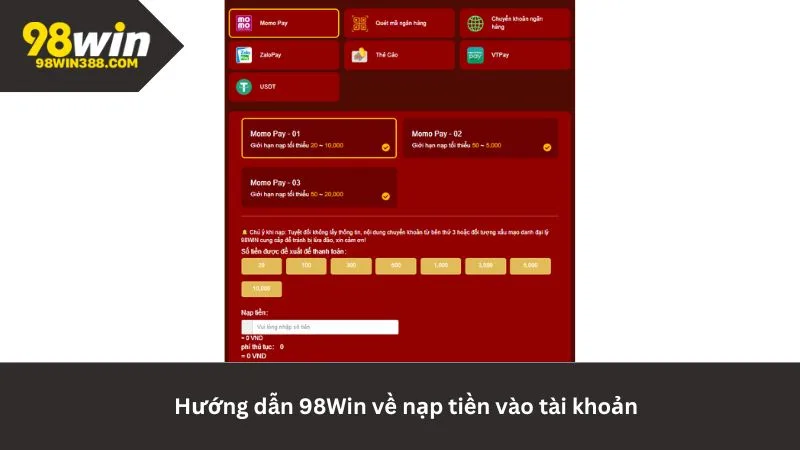 Hướng dẫn nạp tiền vào tài khoản