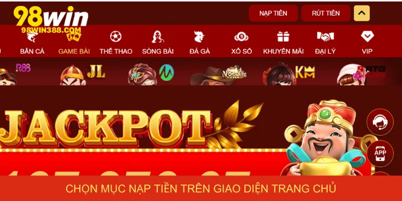 Chọn mục nạp tiền trên giao diện trang chủ