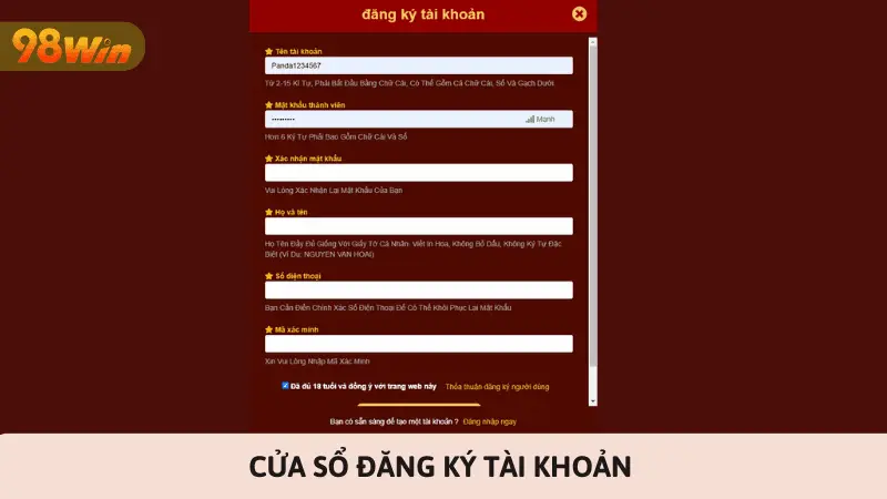 Cửa sổ đăng ký tài khoản