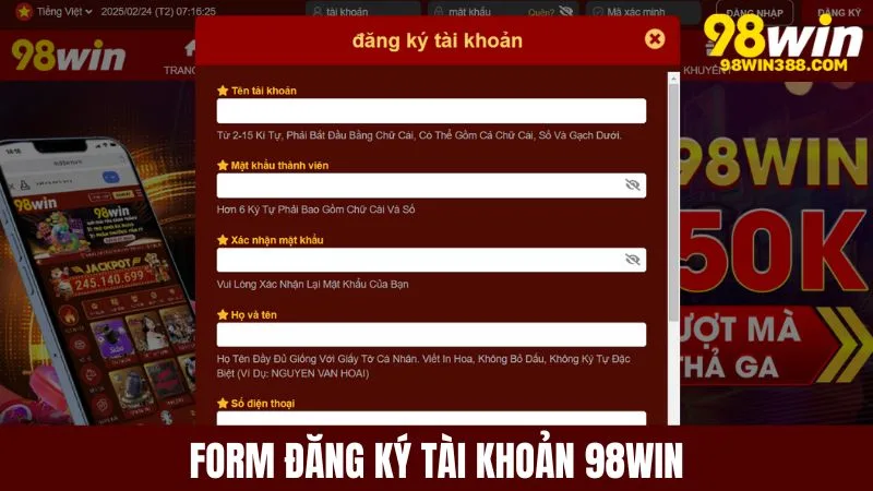 Form đăng ký tài khoản 98win