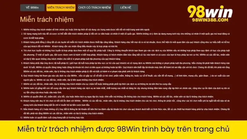 Miễn trừ trách nhiệm được 98Win trình bày trên trang chủ