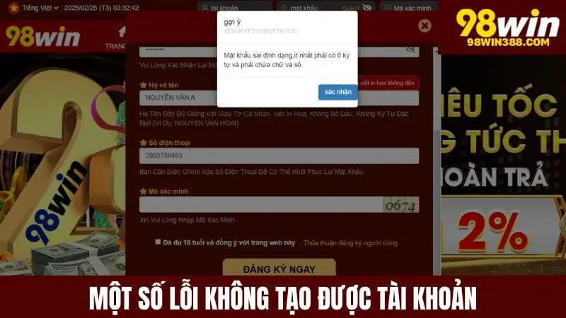 Một số lỗi không tạo được tài khoản